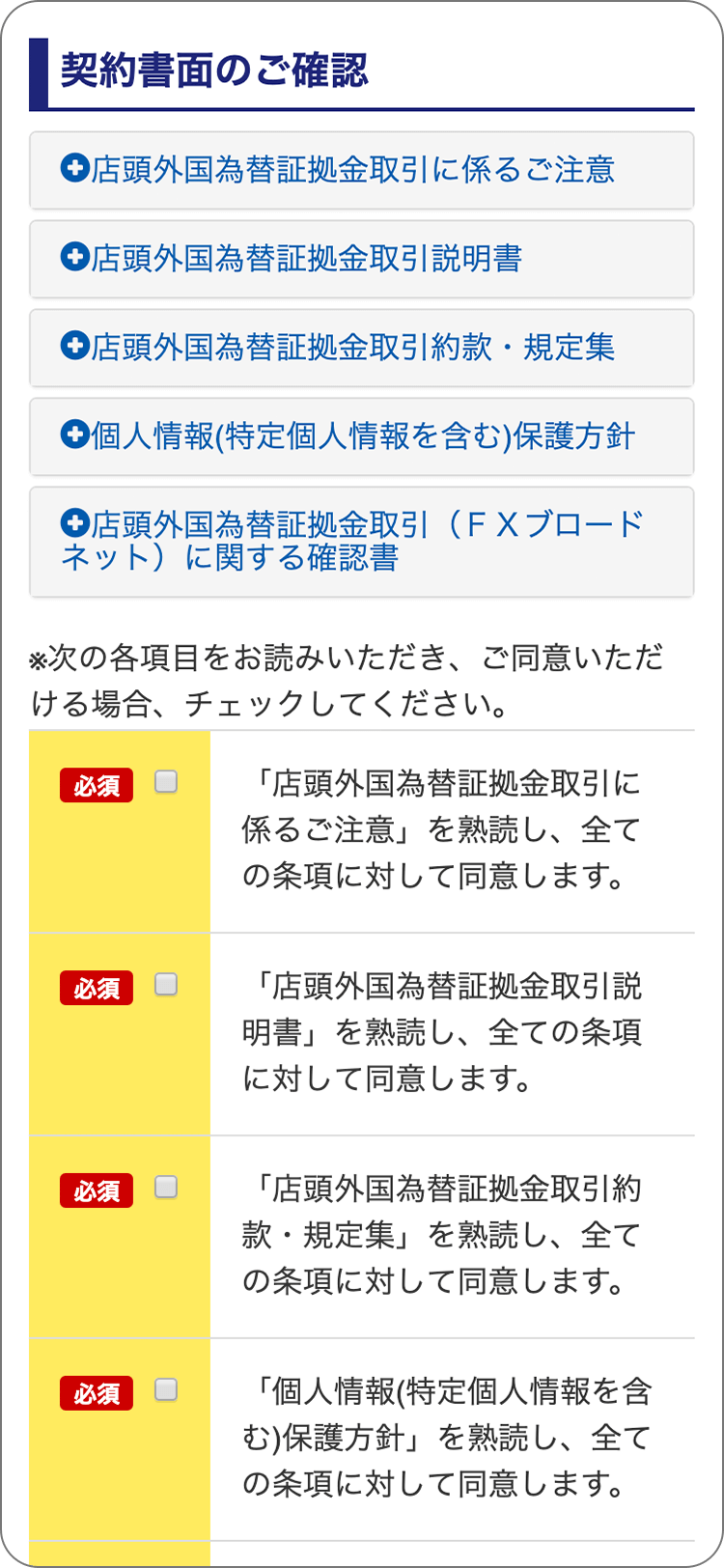 FXブロードネットの各種規定等の承諾の手順