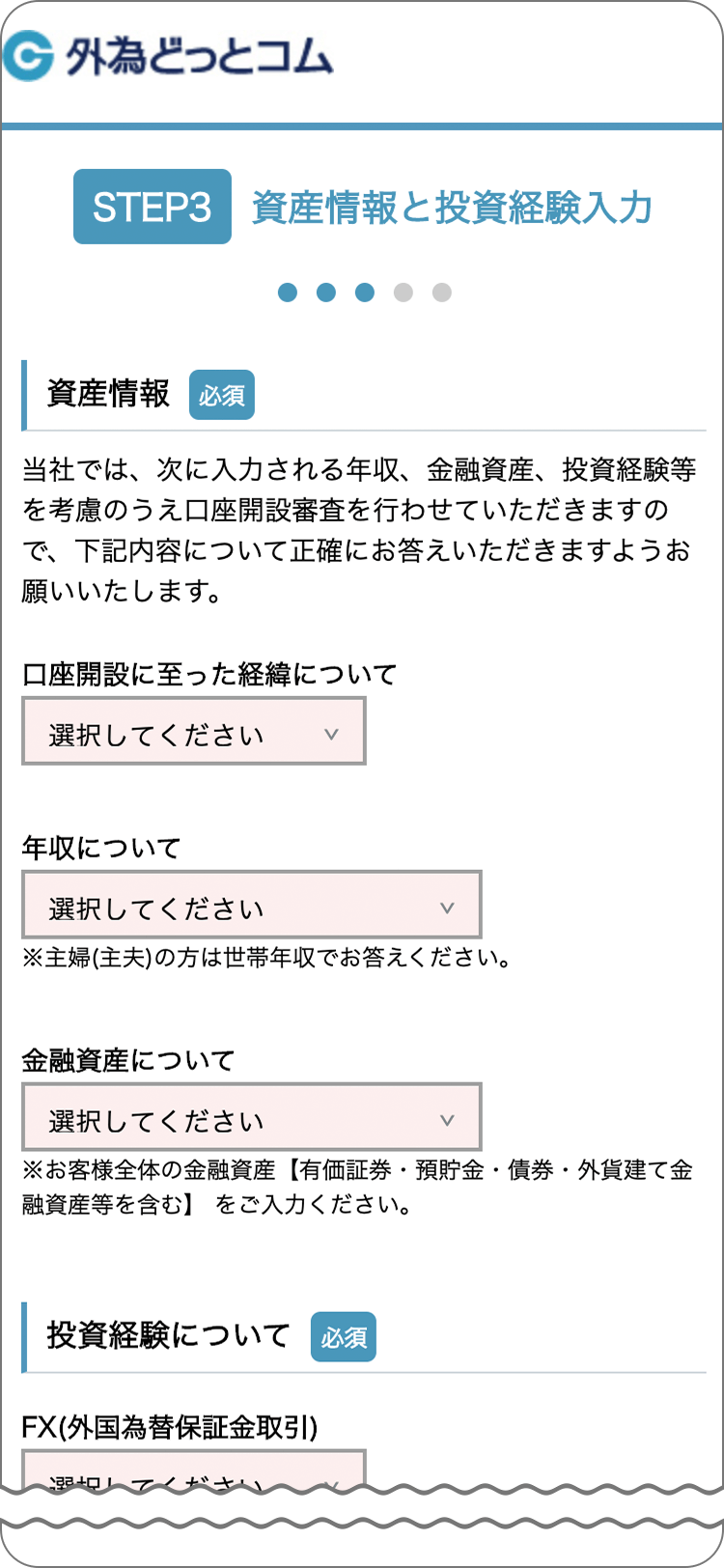 外為どっとコムの金融資産や投資経験について入力の手順