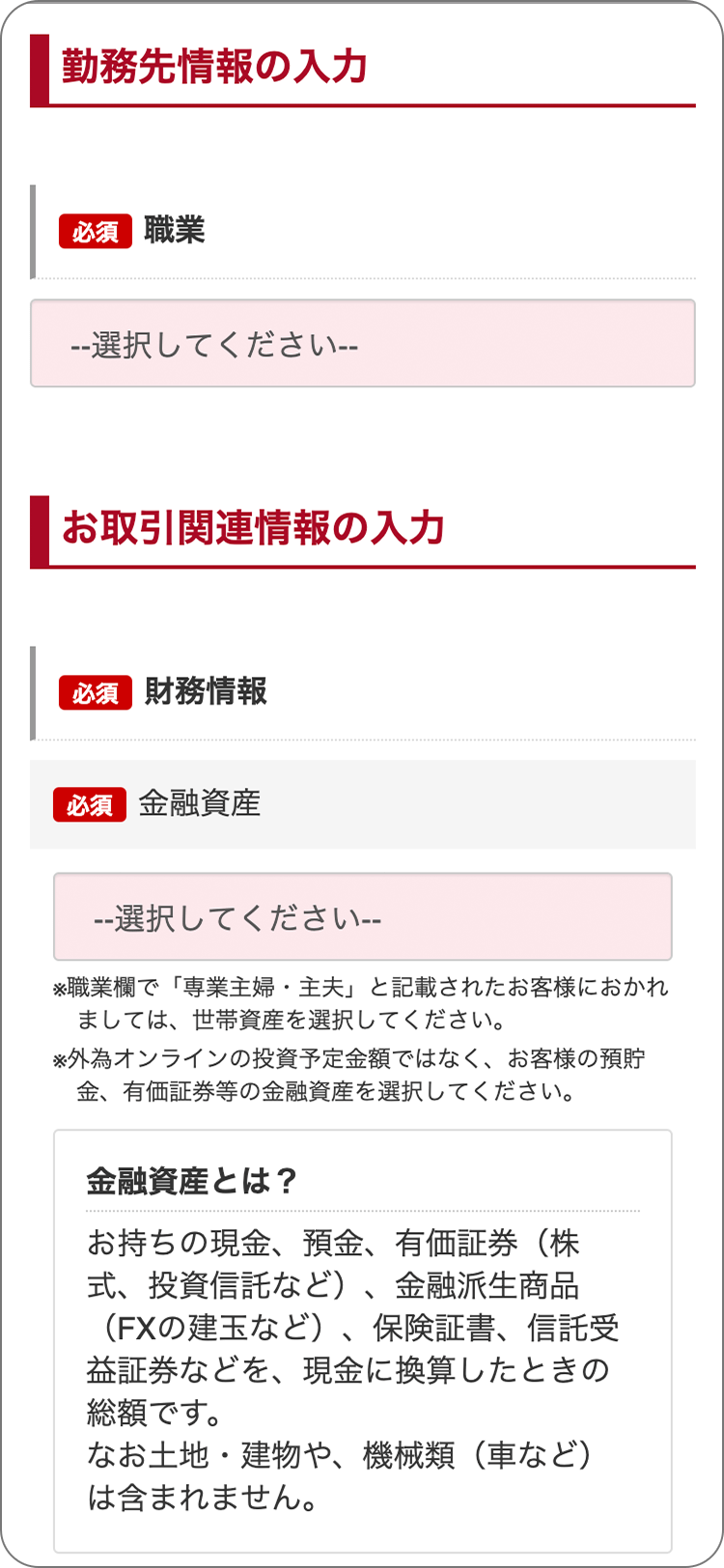 外為オンラインの金融資産や投資経験について入力の手順