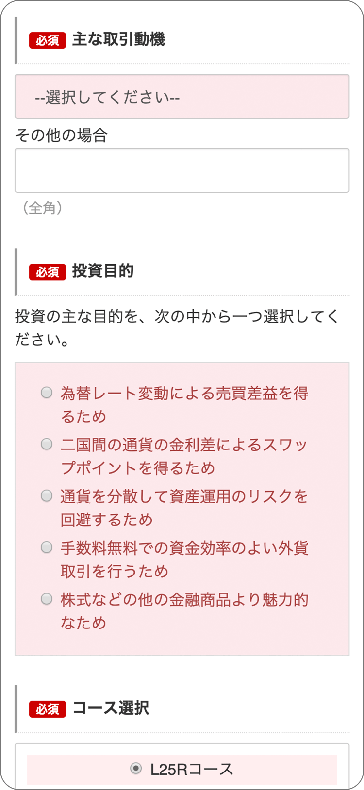 外為オンラインの金融資産や投資経験について入力の手順