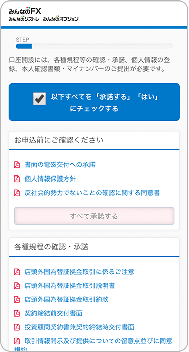 みんなのFXの各種規定等の確認と承諾の手順
