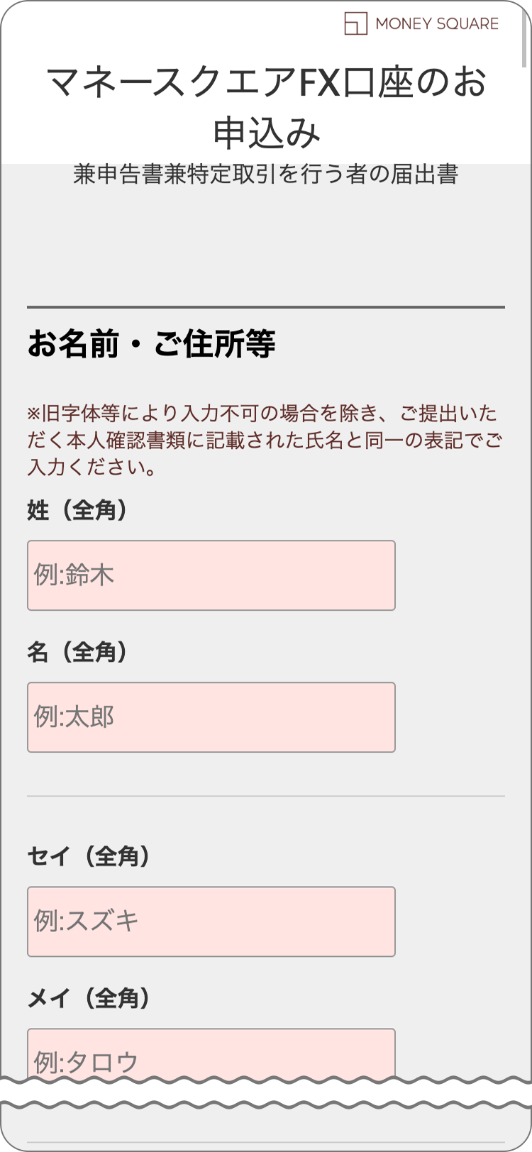 マネースクエアの申込フォーム入力の手順